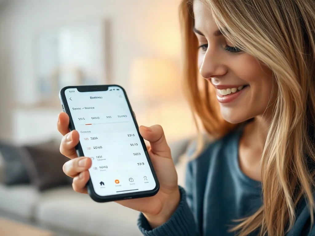 Kobieta trzymająca smartfon z widocznym interfejsem bankowości, służącym do sprawdzania stanu konta w sieci Plush.