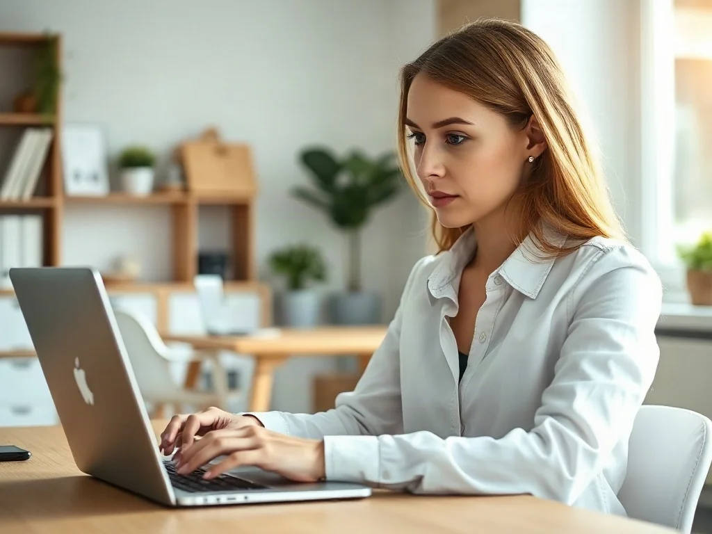 Kobieta pracująca przy laptopie w jasnym, nowoczesnym biurze domowym, symbolizująca wygodne korzystanie z panelu klienta.
