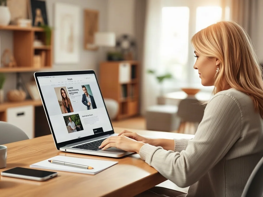 Kobieta pracująca przy laptopie w przytulnym domowym biurze, przeglądająca stronę internetową.