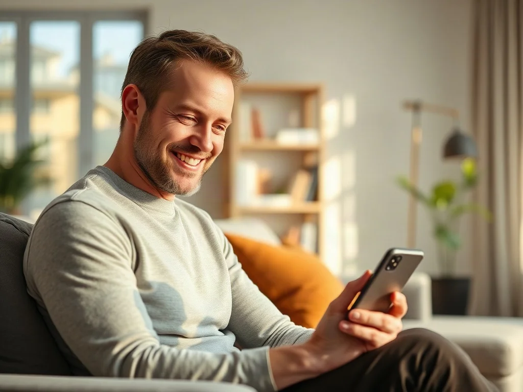 Mężczyzna w nowoczesnym salonie uśmiecha się, korzystając z aplikacji mobilnej na smartfonie.