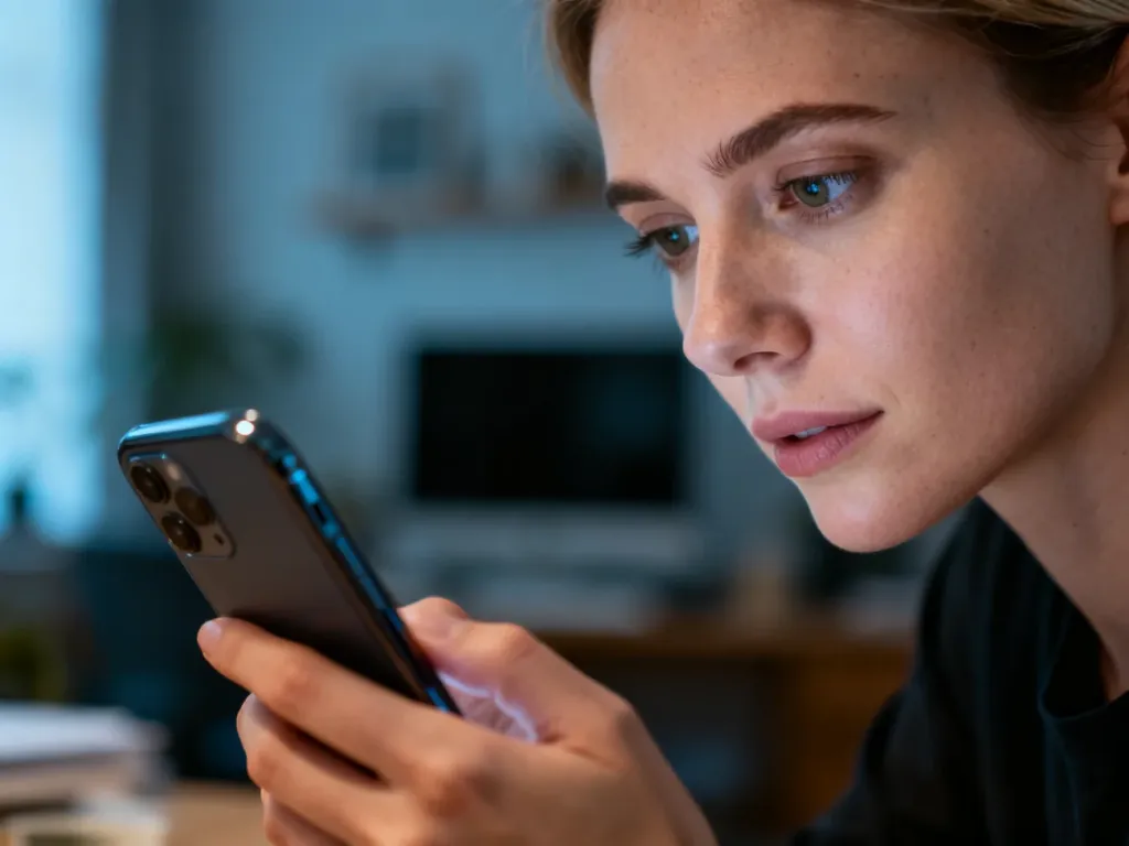 Kobieta skupiona na ekranie smartfona w domowym biurze, obsługująca ustawienia konta w telefonie.