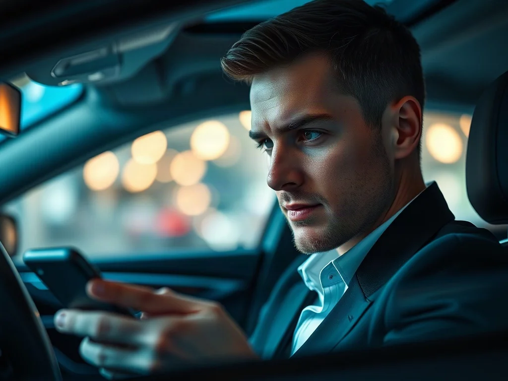 Kierowca korzystający ze smartfona w nowoczesnym wnętrzu samochodu Mercedes, symbolizujący dostęp do usług cyfrowych.