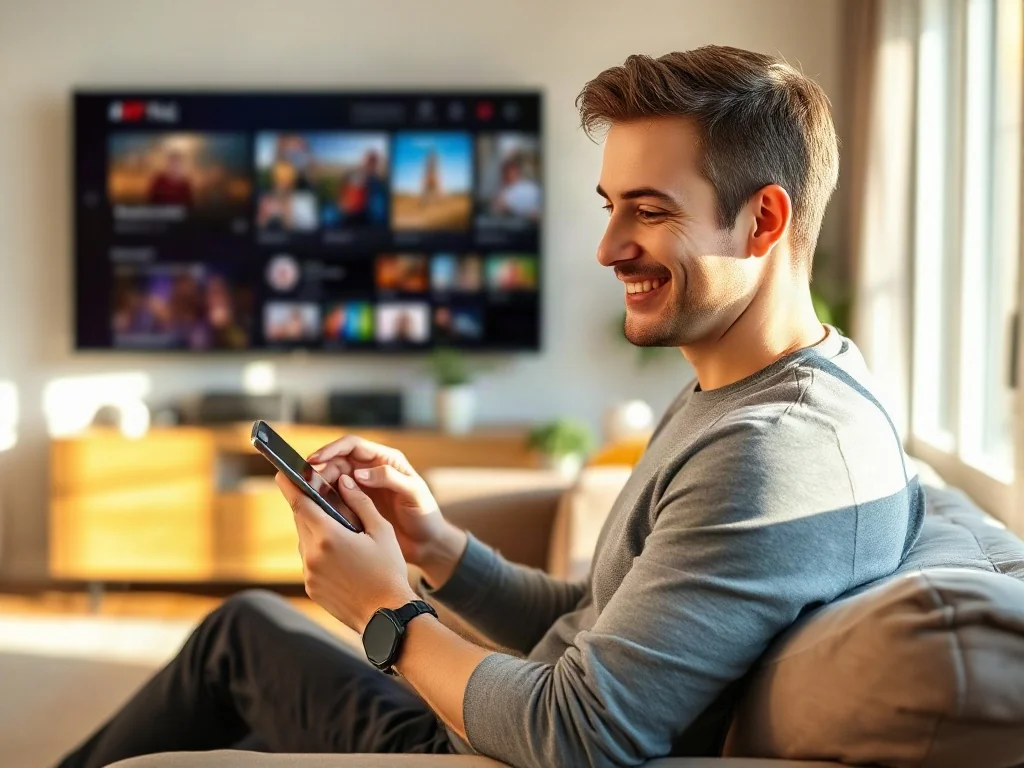 Mężczyzna zadowolony z korzystania z portalu Strefa CANAL+ na smartfonie, siedzący wygodnie na kanapie w salonie.