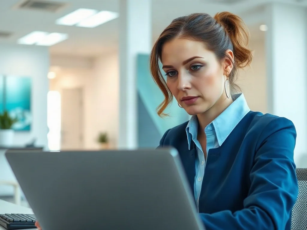 Kobieta pracująca przy laptopie w nowoczesnym gabinecie lekarskim, symbolizująca łatwy dostęp do usług telemedycznych.