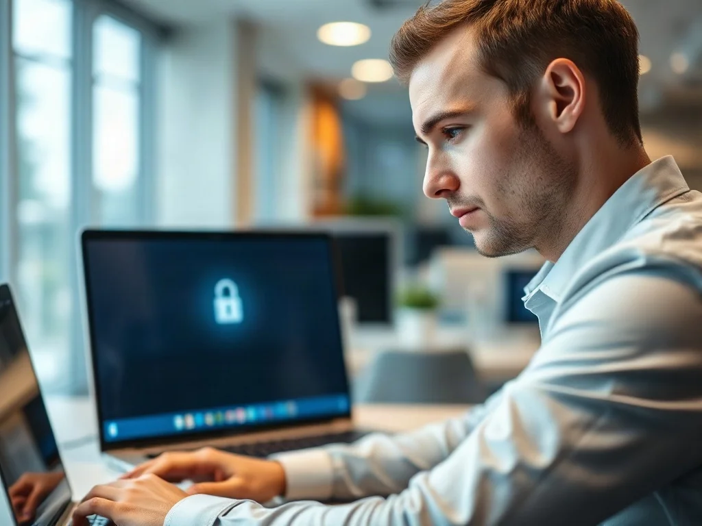 Mężczyzna pracujący przy laptopie z widocznym interfejsem logowania w nowoczesnym biurze.