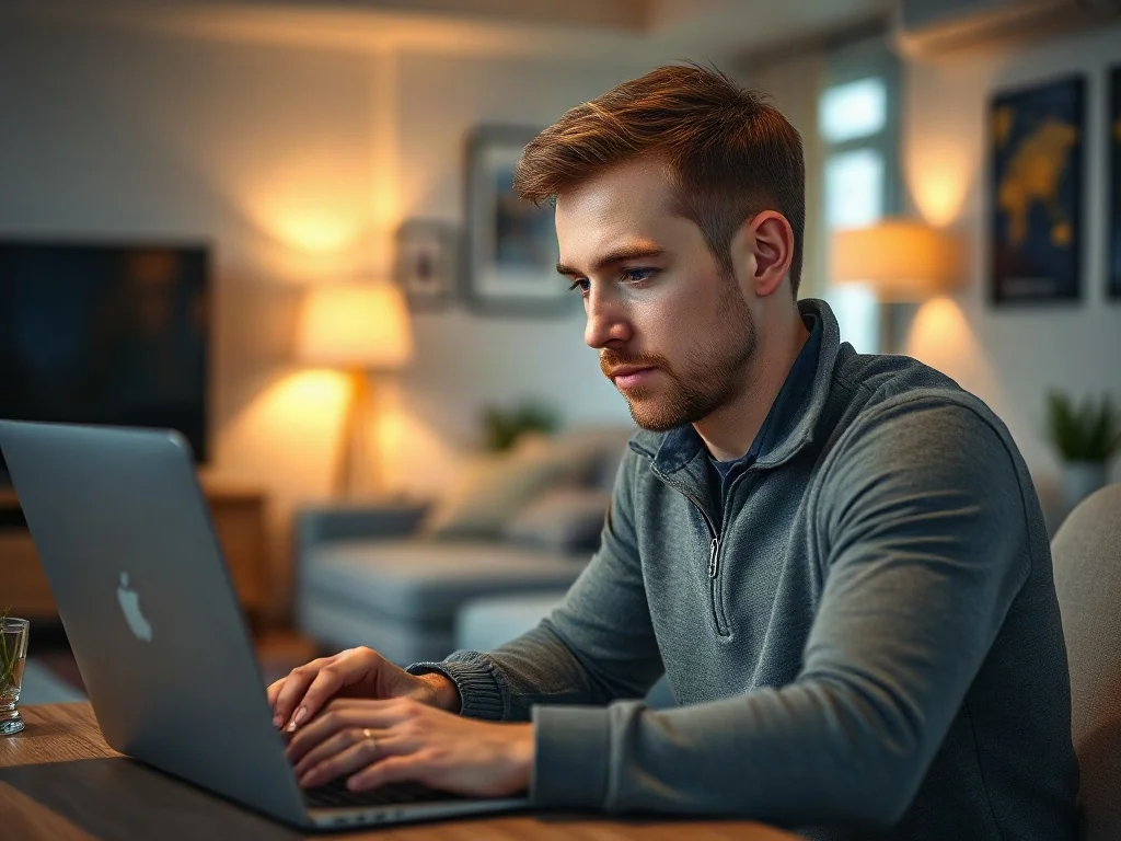 Mężczyzna przy biurku korzystający z laptopa, aby zalogować się do portalu rezerwacyjnego w przytulnym wnętrzu.
