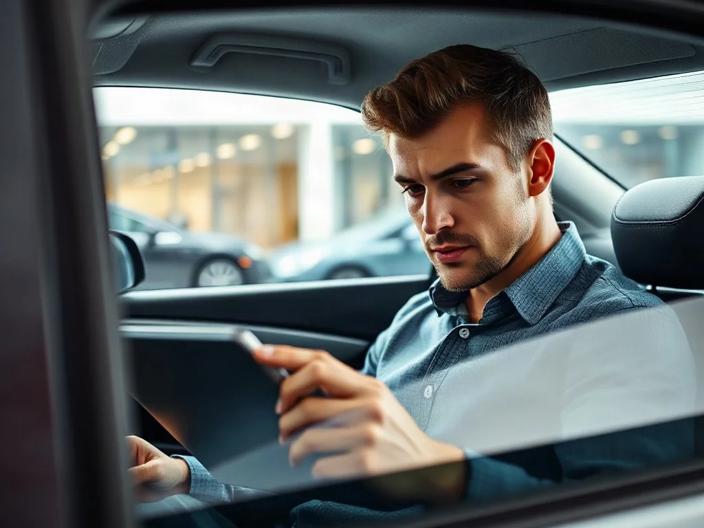 Mężczyzna siedzący w nowoczesnym samochodzie, skupiony na obsłudze tabletu wewnątrz jasnego salonu Volkswagena.